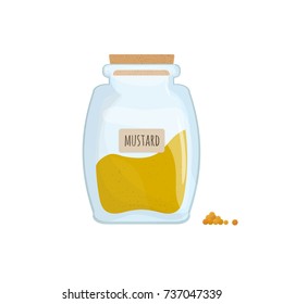 Mustard powder stored in clear jar isolated on white background. Pungent condiment, food spice, cooking ingredient in transparent kitchen container. Colored vector illustration.