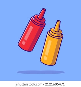 Mustard And Sauce Bottle Cartoon Vector Icon Illustration. Food Object Icon Concept Isolated Premium Vector. Flat Cartoon Style