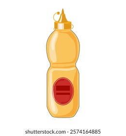 Mustard sauce in bottle in flat design. Hot condiment in yellow container. Vector illustration isolated.