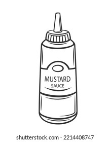 Mustard Sauce In Bottle Outline Icon Vector Illustration. Line Hand Drawing Hot Dip For BBQ, Salad And Fastfood, Food Dressing And Mustard Condiment Paste In Plastic Container With Squirt And Label