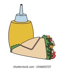 mustard sauce bottle and wrap icon over white background, fast food design, vector illustration