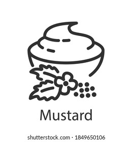 Mustard sauce in a bowl and flower with leaves, seeds, linear icon. Editable stroke