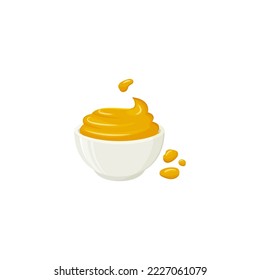 Mustard sauce bowl vector icon, honey cream, cartoon dip spice, yellow dressing. Food illustration