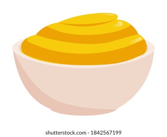 Mustard sauce ceramic dip bowl isolated on white background