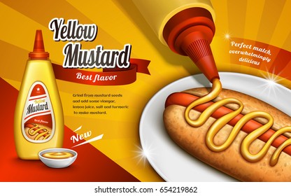 mustard sauce contained in plastic bottle, with delicious hot dog, 3d illustration