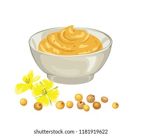 Mustard sauce, flowers and seeds. Ceramic dip bowl, filled  mustard. Vector illustration isolated on white. 