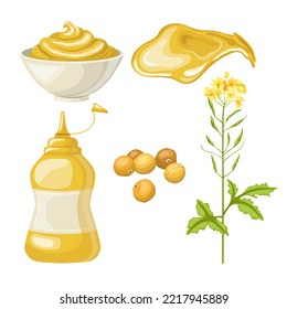 mustard sauce food set cartoon. yellow dijon, condiment grain, gourmet top, bowl view, seed spoon, organic ingredient mustard sauce food vector illustration