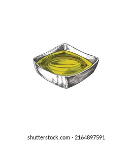 Mustard Sauce In Glass Bowl, Hand Drawn Sketch Vector Illustration Isolated On White Background. Cheese Dip With Engraving Texture. Food Ingredient, Great For Cafe Menu Design.