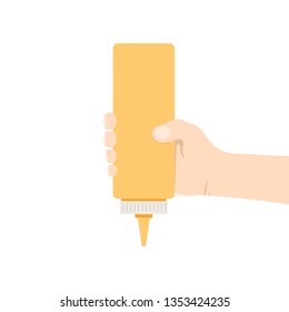 mustard sauce and hand vector. white background. free space for text. Hand squeeze sauce.