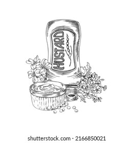 Mustard sauce in plastic bottle and ceramic bowl with certain plants, hand drawn engraving vector illustration isolated on white background. Mustard food sauce.