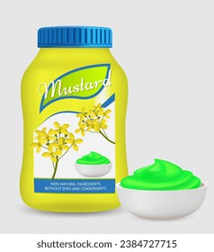 Mustard sauce plastic package and ceramic bowl plate vector illustration. Natural ingredients without dyes and conservants advertisement