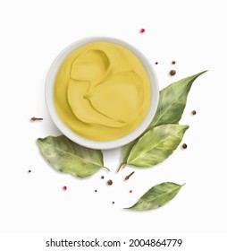 Mustard sauce in a white saucepan. Vector illustration.