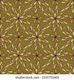MUSTARD SEAMLESS VECTOR BACKGROUND WITH SPIRAL ROUND MULTICOLORED DECORATIVE ELEMENTS