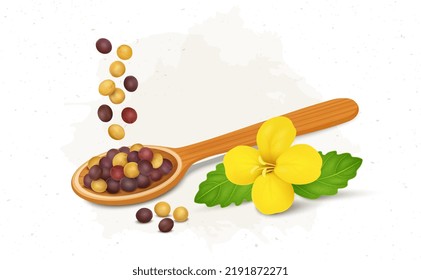 Mustard seed with wooden spoon and mustard plant flower 