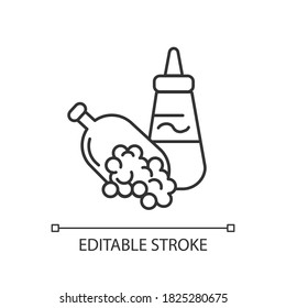 Mustard seeds linear icon. Mustard sauce. Pickling ingredient. Food seasoning. Supplement. Thin line customizable illustration. Contour symbol. Vector isolated outline drawing. Editable stroke