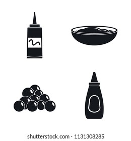 Mustard seeds sauce bottle icons set. Simple illustration of 4 mustard seeds sauce bottle vector icons for web