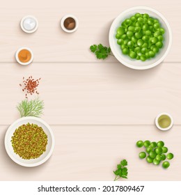 Mustard seeds set. Spicy condiment, seasoning, packaging and leaves, wooden spoons, plant, sauce in gravy boat, whole and ground grains. Vintage background poster. Wooden background