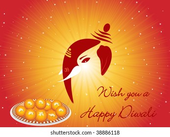 mustard shiny rays background with ganpati face, sweets