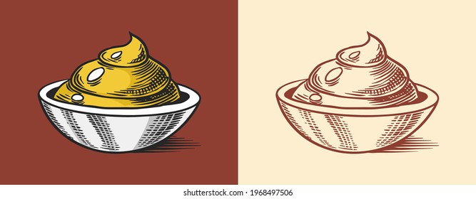 Mustard or Spicy condiment. Dip or dipping sauce. Illustration for Vintage background or poster. Engraved hand drawn sketch.