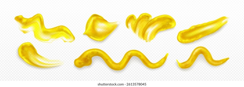 Mustard splash set on transparent background. Sauce condiment stains in various curved shapes. Swirls, splotches, abstract liquid trails of food dressing elements for menu or packaging design.