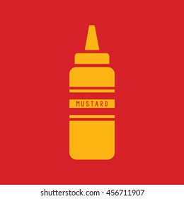 Mustard squeeze bottle icon vector. Red background