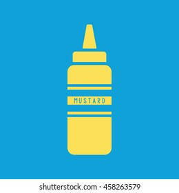 Mustard squeeze bottle icon vector. Blue background
