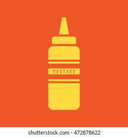 Mustard squeeze bottle icon vector. Orange background