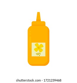 mustard squeeze bottle isolated on white, mustard flower and seed