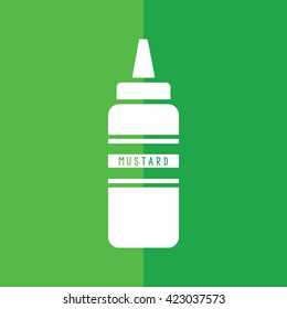 Mustard squeeze bottle vector icon. Green background