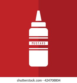 Mustard squeeze bottle vector icon. Red background