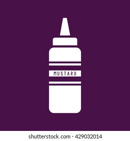 Mustard squeeze bottle vector icon. Purple background