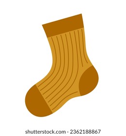 Mustard striped sock. Wool feet apparel. Hand-drawn simple colored flat vector illustration isolated on white.