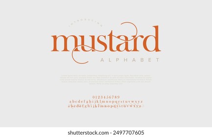 Mustard swash luxury elegant alphabet letters and numbers. Vintage wedding typography classic serif font decorative vintage retro. creative vector illustration