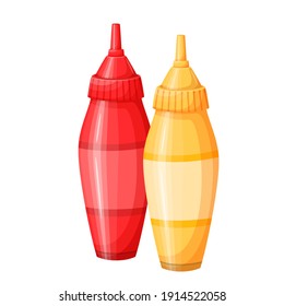 Mustard and tomato ketchup vector icon. Dispensers for mustard and ketchup, fast food topping squeeze bottles.