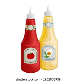 Mustard and tonato ketchup vector icon. Dispensers for mustard and ketchup, fast food topping squeeze bottles.