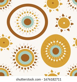 Mustard tribal seamless pattern with American Indian ornaments. Boho fabric design. Hand-drawn repeat background. Vector illustration.