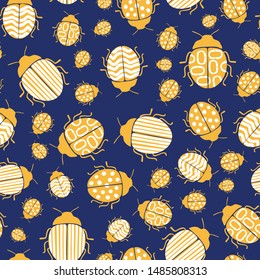 Mustard and white beetles on dark blue background seamless repeat vector pattern.  Random multidirectional abstract beetle collection. Fabric textiles, paper, stationery, wallpaper, children and adult