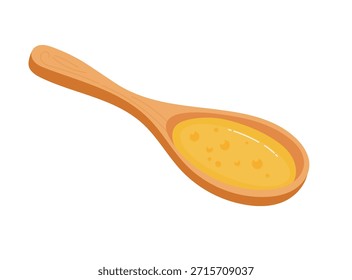 Mostaza en una cuchara de madera. Clipart de Vector plano, ilustración con fondo aislado.