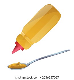 Mustard in yellow bottle. Dijon honey sauce cream. Vector design in cartoon style for food branding.