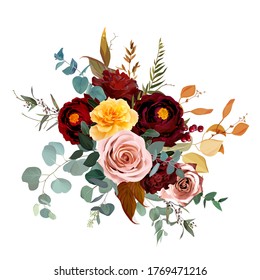 Mustard Yellow And Dusty Pink Rose, Burgundy Red Dahlia, Emerald Green And Teal Blue Eucalyptus, Orange Autumn  Leaves, Greenery Vector Design Bouquet. Chic Fall Wedding Flowers. Isolated And Editable