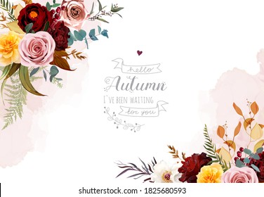Mustard Yellow And Dusty Pink Rose, Burgundy Red Dahlia, Emerald Green And Teal Blue Eucalyptus, Orange Autumn  Leaves, Watercolor Vector Design Frame. Chic Fall Wedding Flowers. Isolated And Editable