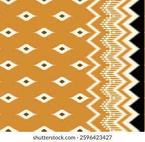 A mustard yellow fabric pattern featuring repeating diamond shapes and a zigzag border with black accents, for textile, wallpaper, gift wrapping, print