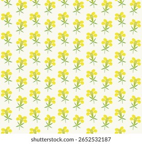 Mostarda. Flores de mostarda amarelas, padrão sem costura, ilustração vetorial isolado no fundo cinza claro. Fundo, pano de fundo, decoração, impressão, têxtil, papel de parede, tecido.