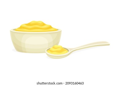 Mustard Yellow Paste or Sauce in Ceramic Bowl and Spoon Vector Illustration