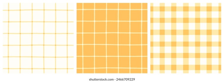 Mustard yellow patchwork quilt gingham check and grid seamless vector pattern set. Orange yellow and white vichy check and hand-drawn grid background, vintage plaid repeat print collection.