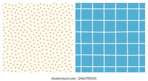 Mustard yellow polka dot and blue grid check seamless vector pattern set. Hand-drawn light blue plaid background and irregular vintage orange yellow polka dot repeat print collection.