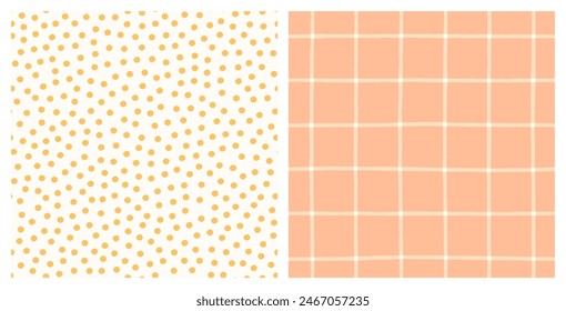 Mustard yellow polka dot and pink grid check seamless vector pattern set. Peach pink hand-drawn grid background and orange yellow irregular vintage polka dot repeat print collection.