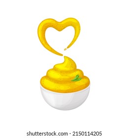 Mustard yellow sauce in white ceramic bowls.Heart-shaped splash.Love homemade sauce.Vector realistic cartoon illustration in 3D.Isolated on white background