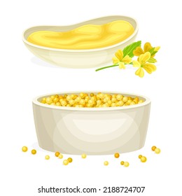 Mustard Yellow Seeds Piled in Bowl and Cooked Paste or Sauce Vector Set