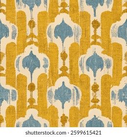 Mustard yellow and sky blue arabesque shapes, grunge lines ikat pattern, striped seamless pattern, Vector illustration background for print the paper.